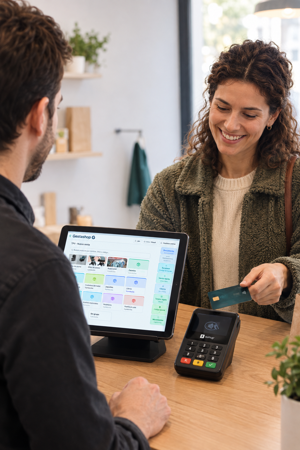 Una clienta acerca su tarjeta al datáfono sobre el mostrador; al lado, una tablet con el catálogo de Gestashop y el dependiente atendiéndola